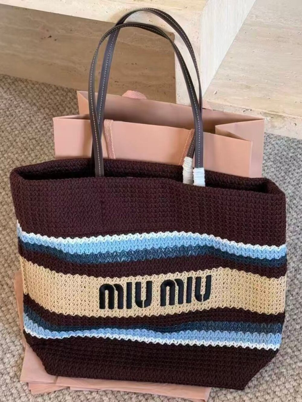 Miu Miu Striped Crochet Tote Bag Brown Blue Woven Shoulder Shopper